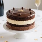 tuxedo cake on cake stand with chocolate ganache