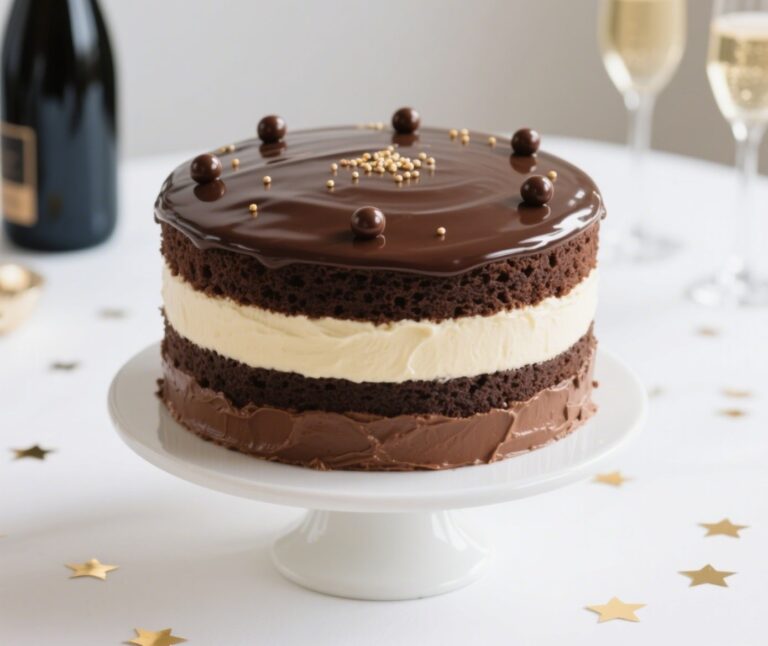tuxedo cake on cake stand with chocolate ganache